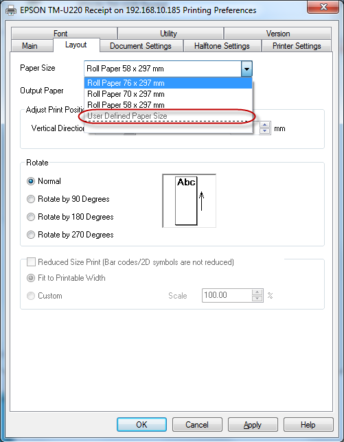 epson tm u220 paper size